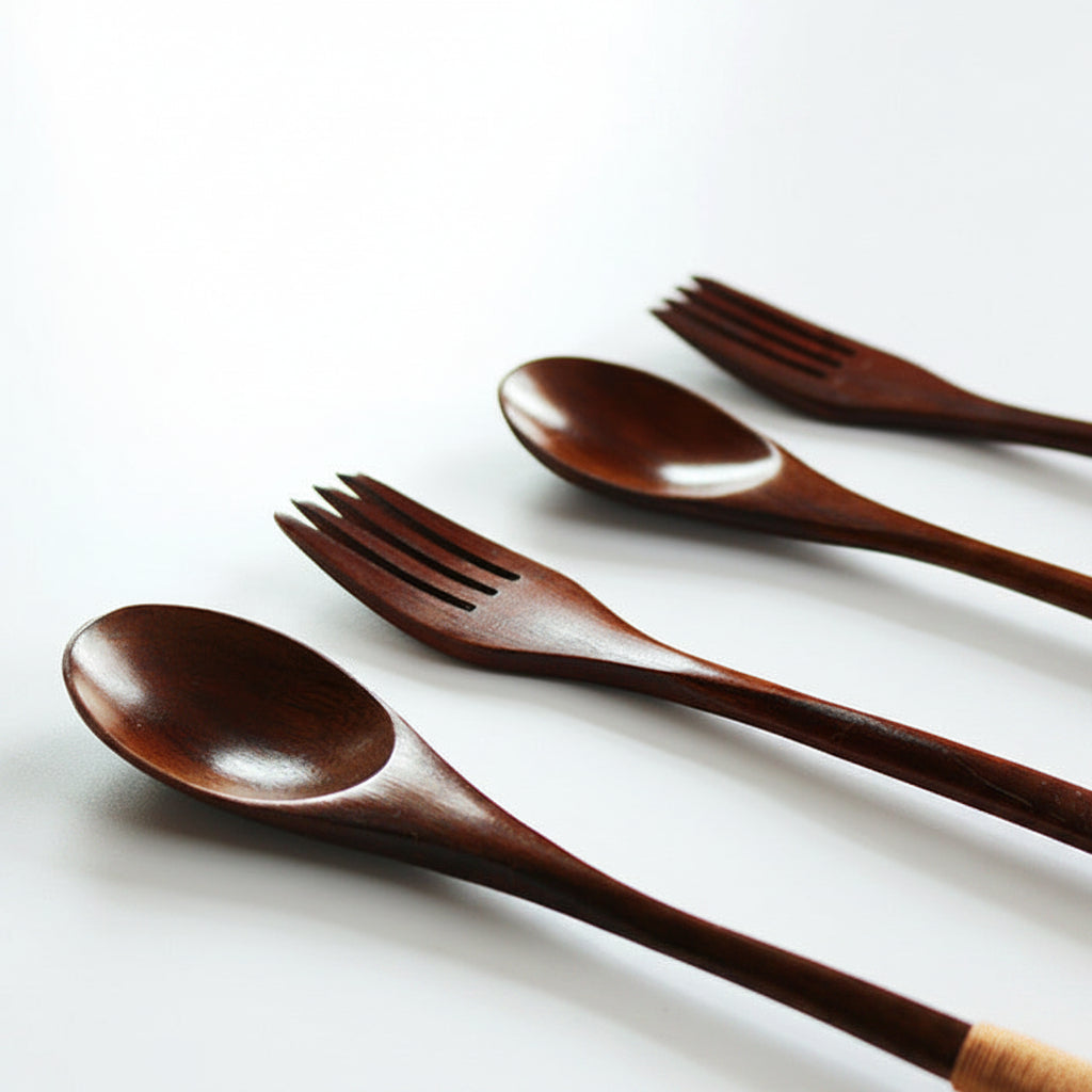 Set of wooden spoons and forks on a light background