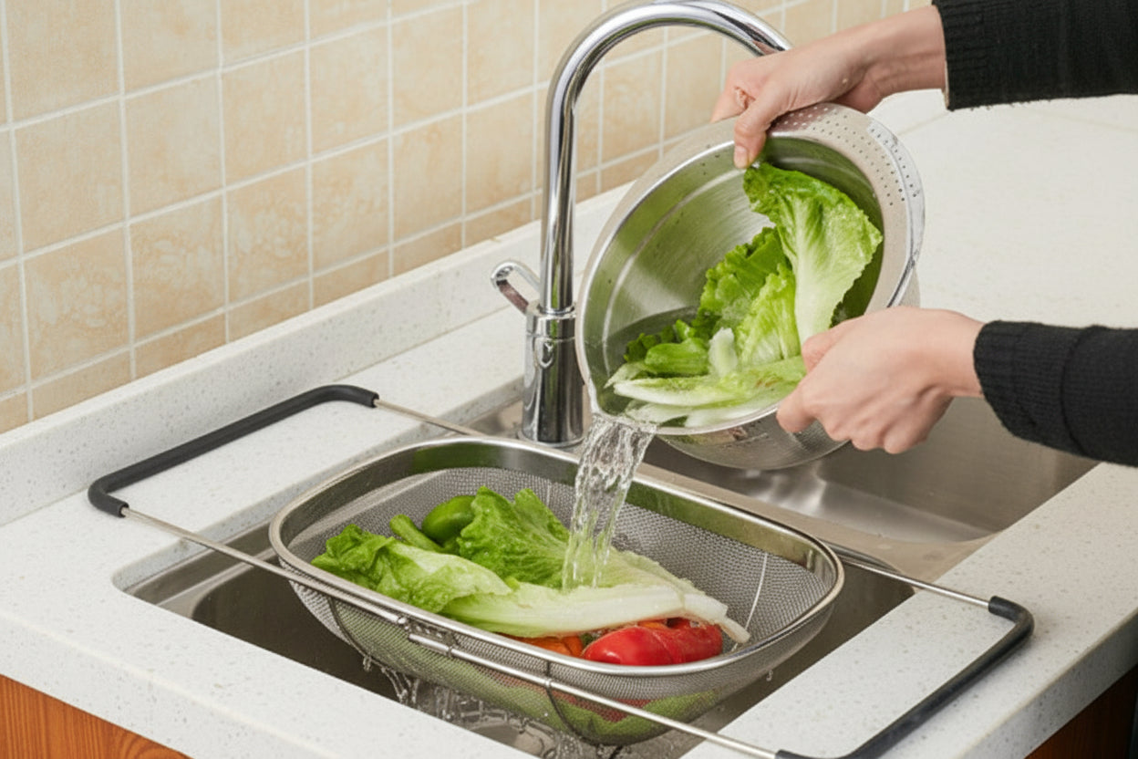 Person washing lettuce in a kitchen sink with a colander.
