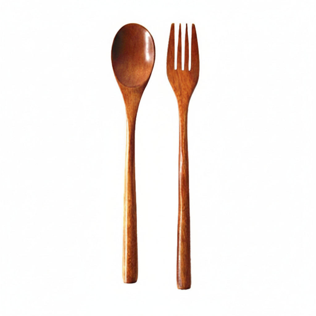 Wooden spoon and fork set on a white background