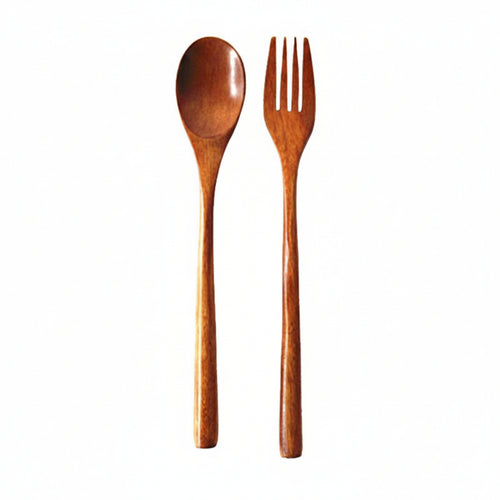 Wooden spoon and fork set on a white background