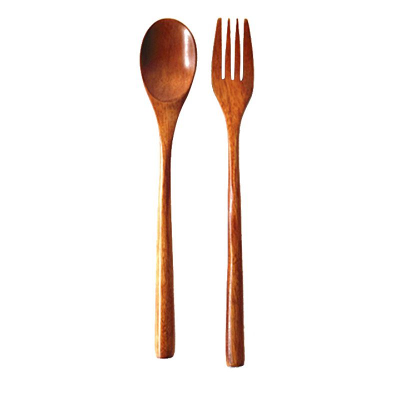 Wooden spoon and fork set on a white background