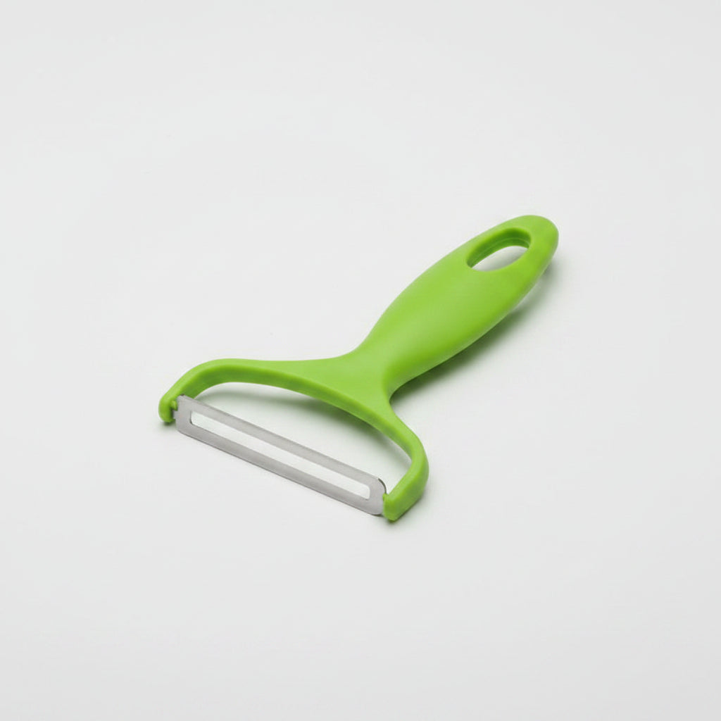 A bright lime green vegetable peeler with a stainless steel blade, shown on a plain white background.