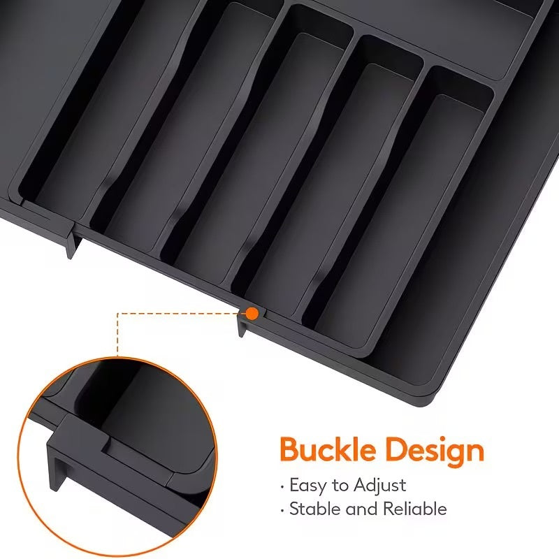 Black adjustable tray with a close-up of an adjustment mechanism on a white background