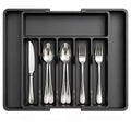 A black plastic cutlery organizer tray holding six pieces of polished silver stainless steel flatware, including a knife, two spoons, a fork, and another fork, shown on a plain white background.