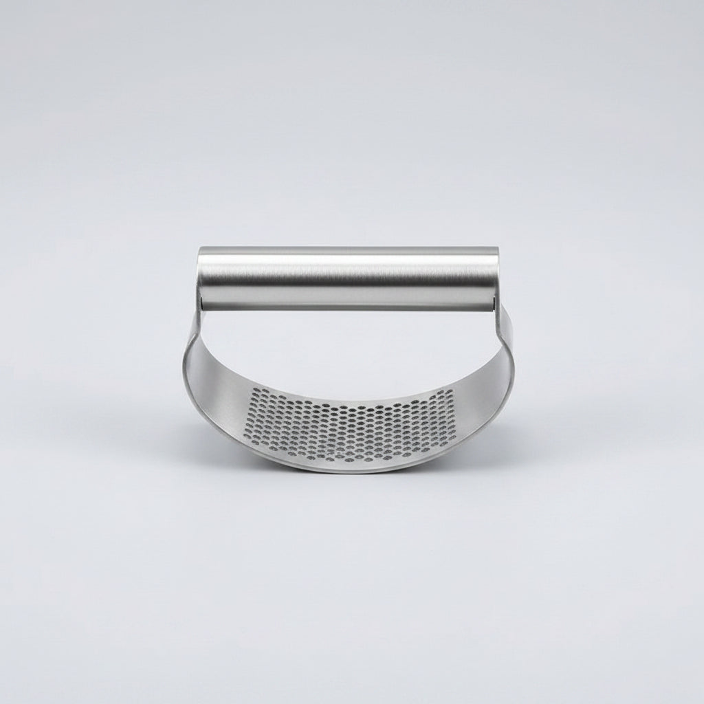 Stainless steel garlic press with dimensions and packaging details on a white background