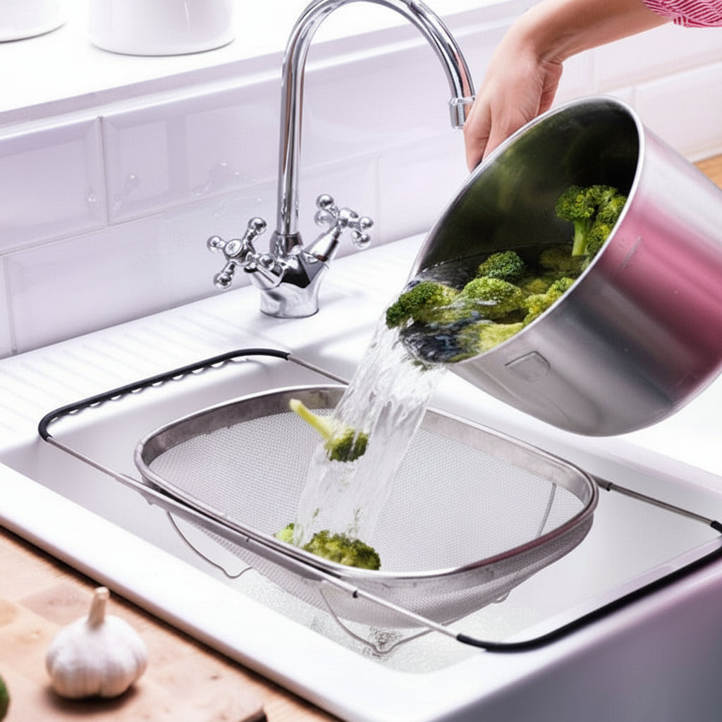 Person washing broccoli in a sink with water flowing from a faucet.
