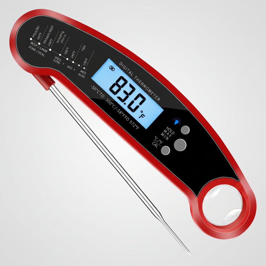 Red digital thermometer with a white background