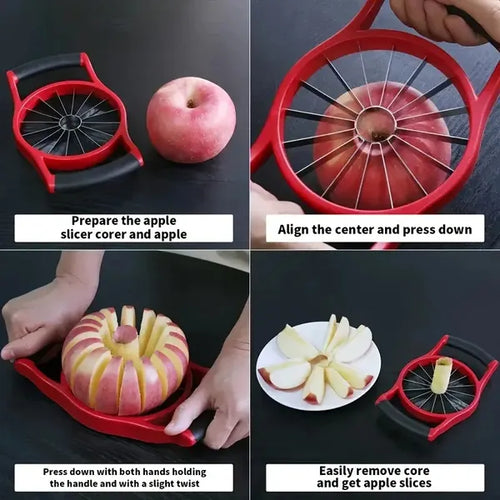 Step-by-step guide on using an apple slicer with text instructions.