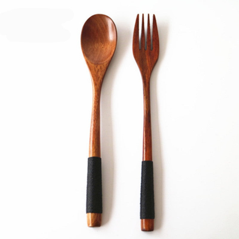 Wooden spoon and fork set with black handles on a white background, labeled '6PC'.