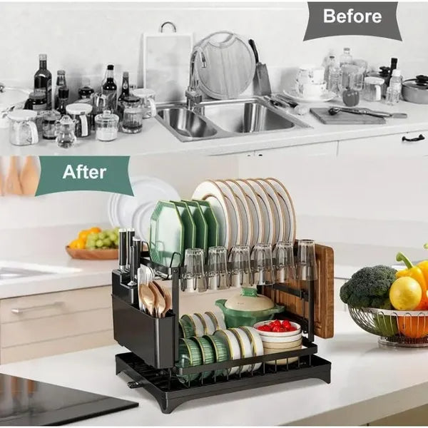 Before and after comparison of a kitchen counter with a dish rack in the 'After' section.