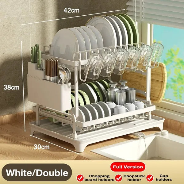 Dish drying rack with measurements and product features in a kitchen setting