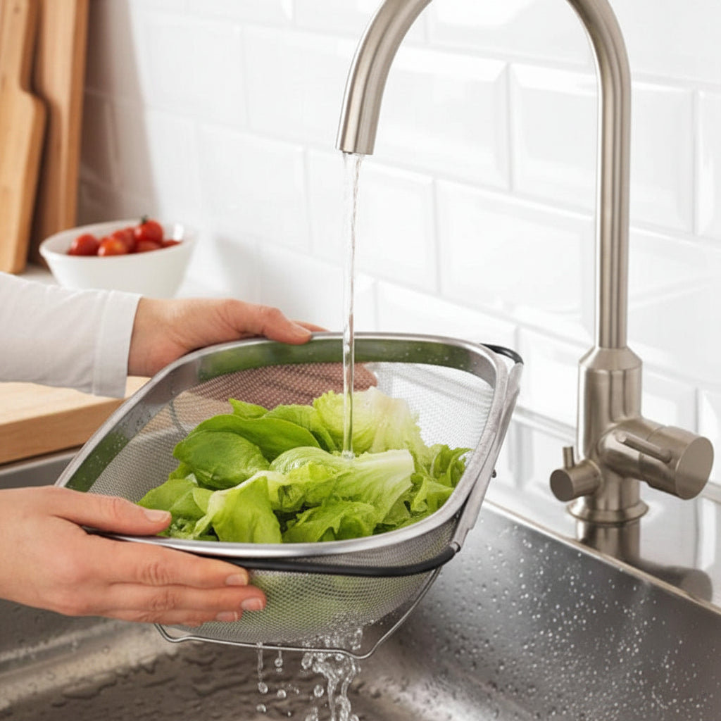 Person washing lettuce in a colander under running water in a kitchen sink.