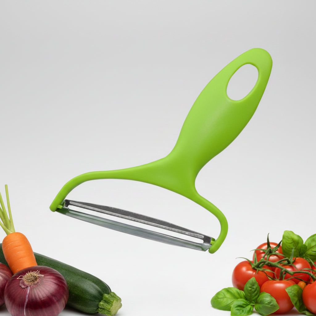 A bright green vegetable peeler with a stainless steel blade, shown on a white background with a small cluster of red tomatoes and green basil leaves in the bottom right corner.