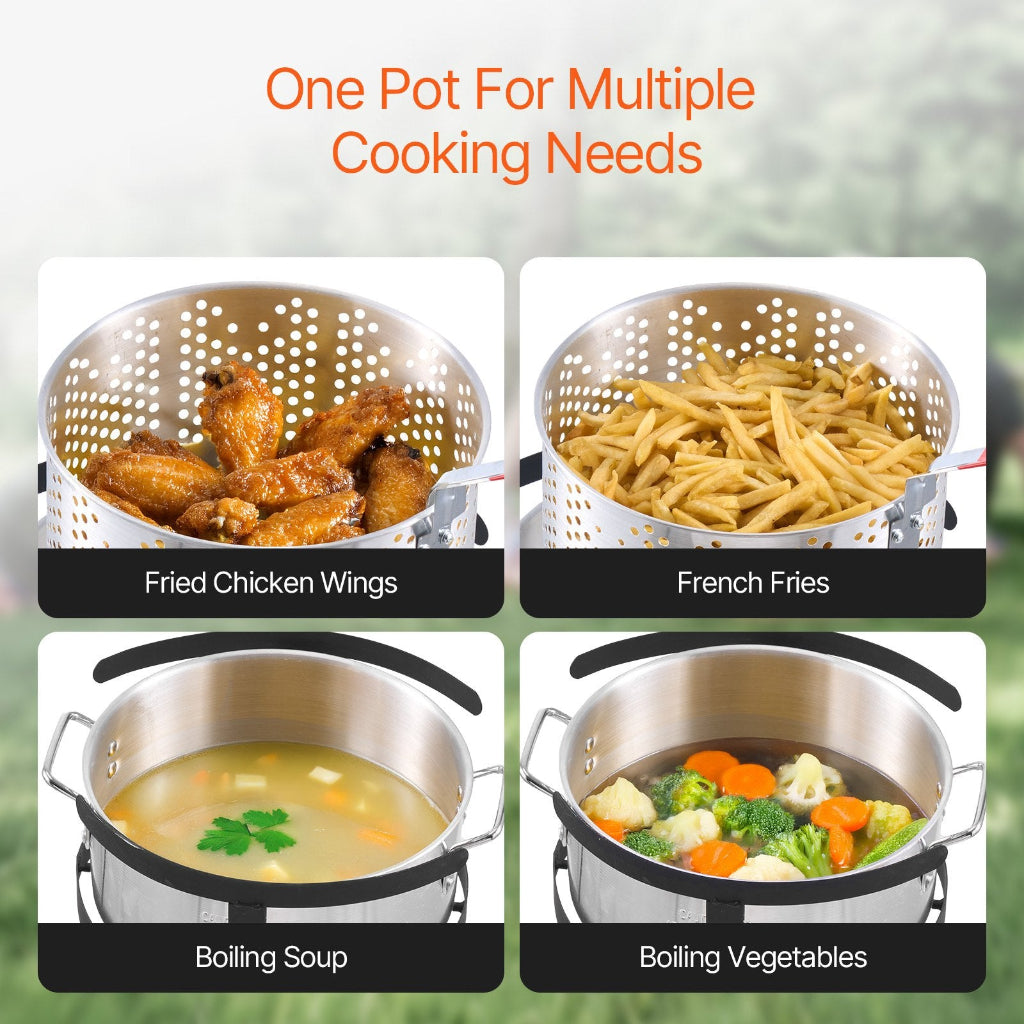 Multifunctional pot used for cooking various dishes with text 'One Pot For Multiple Cooking Needs'.