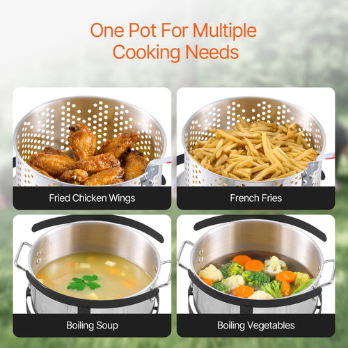 Multifunctional pot used for cooking various dishes with text 'One Pot For Multiple Cooking Needs'.
