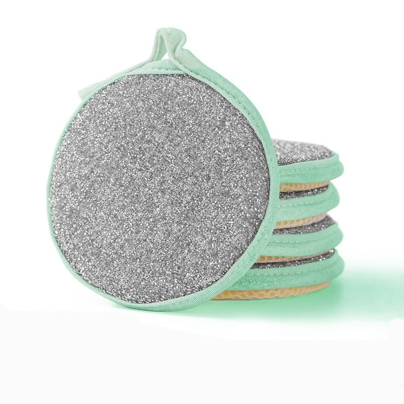 Five green double-sided thickened cleaning pads on a white background