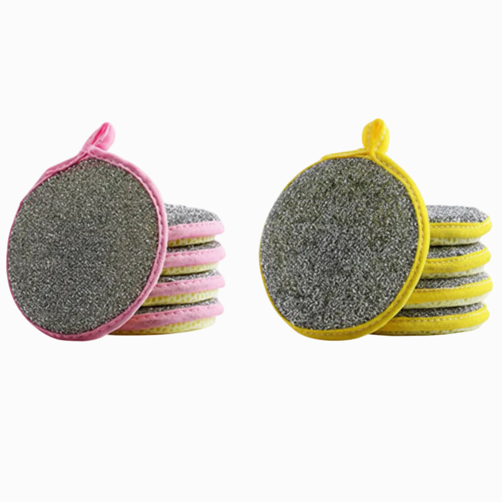 Set of gray scrub pads with pink and yellow borders on a white background