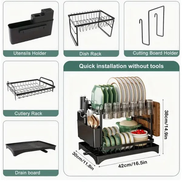 Dish rack with various components and installation instructions on a white background