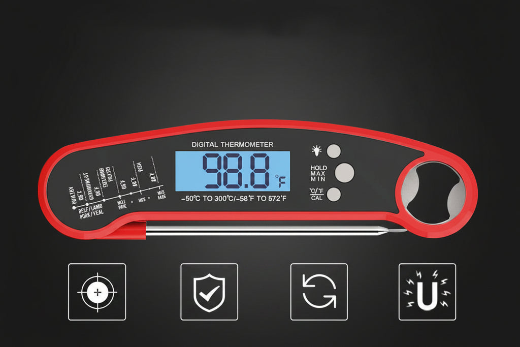 Digital thermometer with red casing on a black background