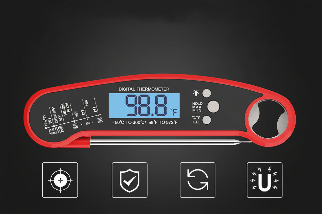 Digital thermometer with red casing on a black background