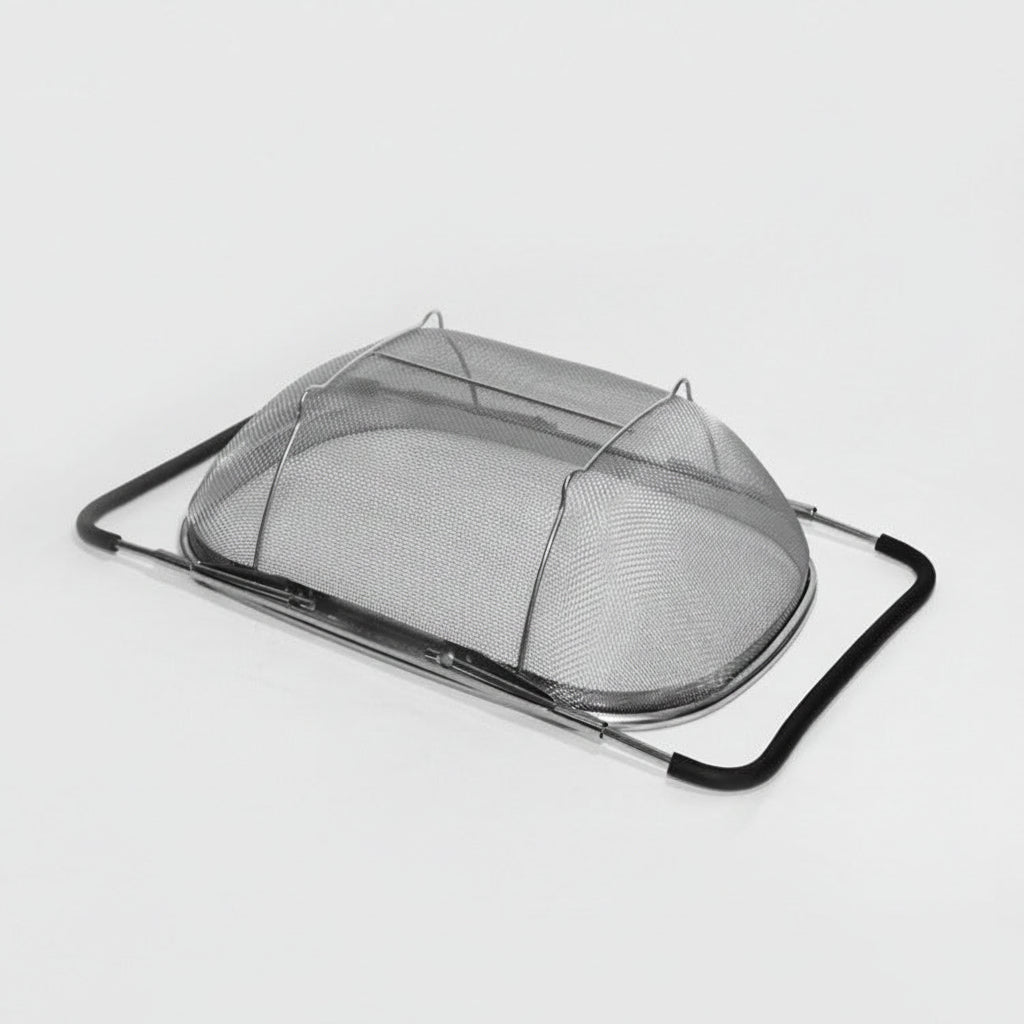 Metal mesh screen with black frame on a white background