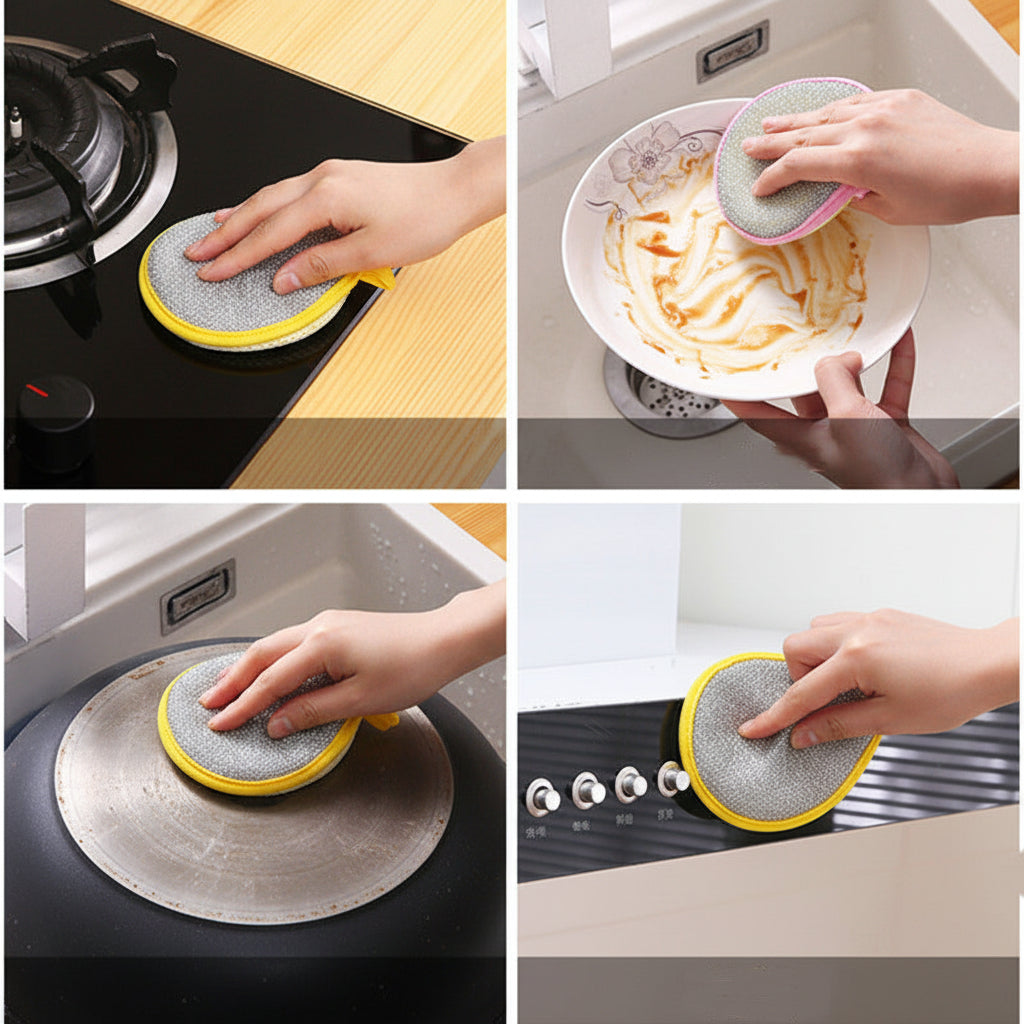 Collage of a scrubber being used to clean various kitchen items including a stove, pan, and pot.