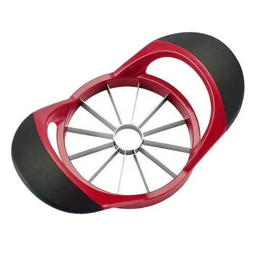 Red and black apple peeler on a white background