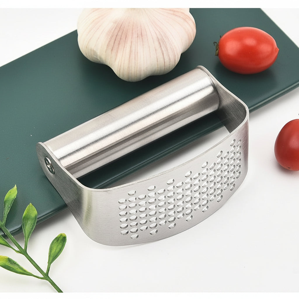 Metal garlic press on a cutting board with garlic, tomatoes, and a cookie.