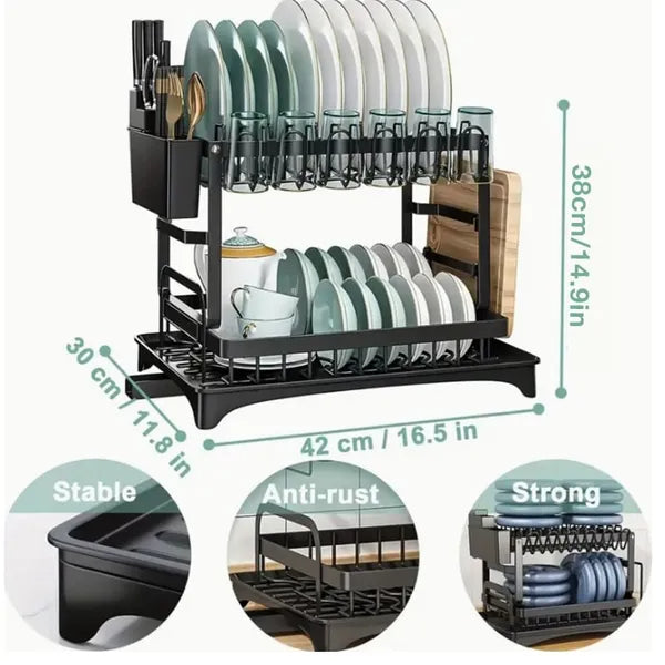Dish drying rack with measurements and features on a white background