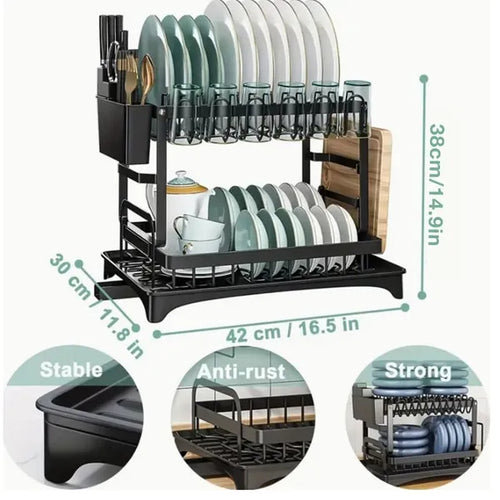 Dish drying rack with measurements and features on a white background