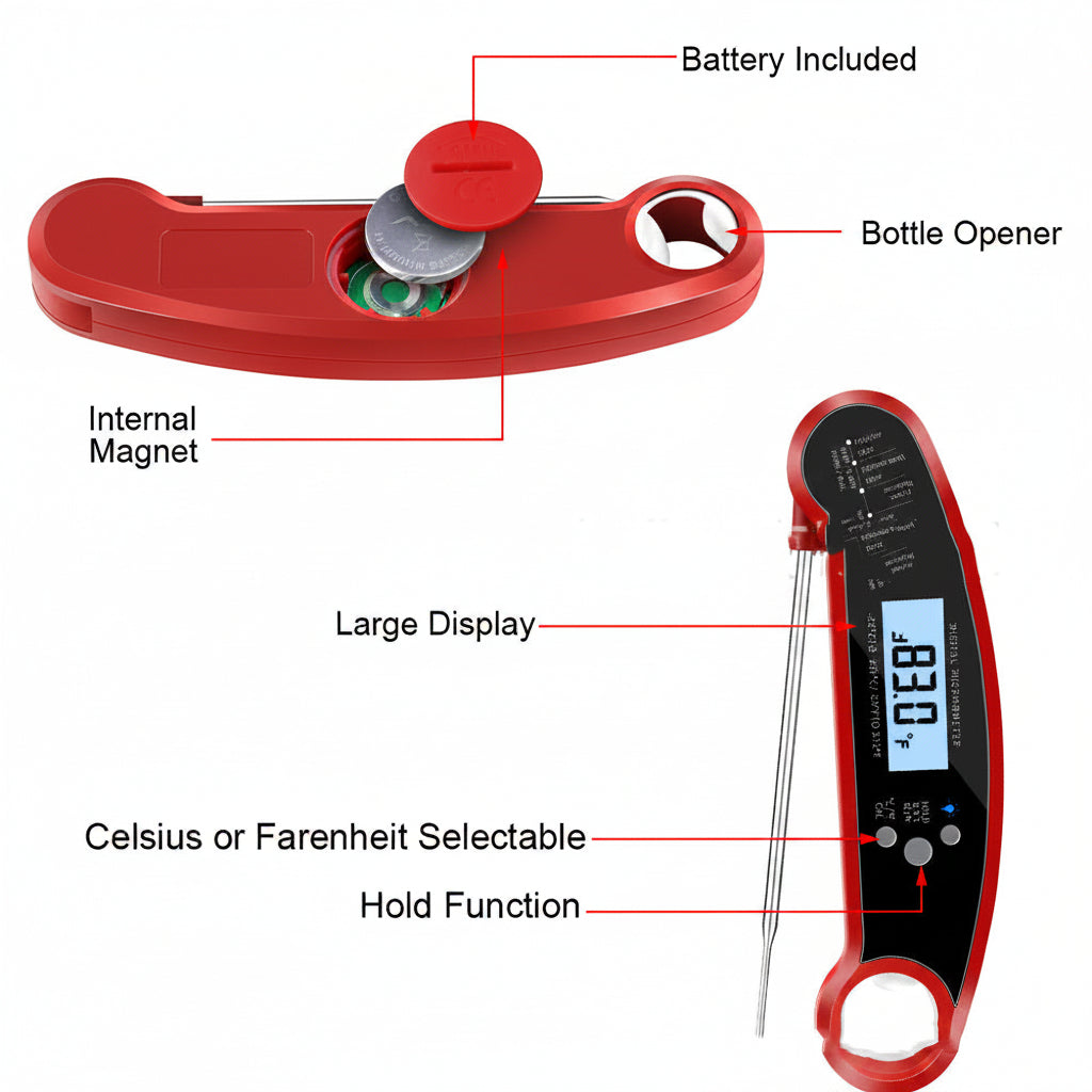 Red digital thermometer with labeled features on a white background