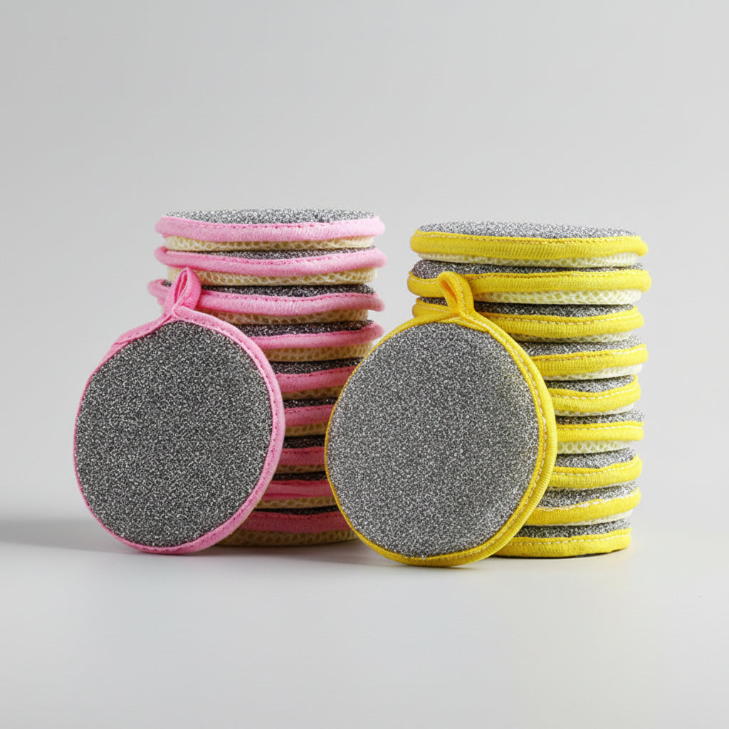 Stacks of pink and yellow hair ties with gray glittery ends on a white background