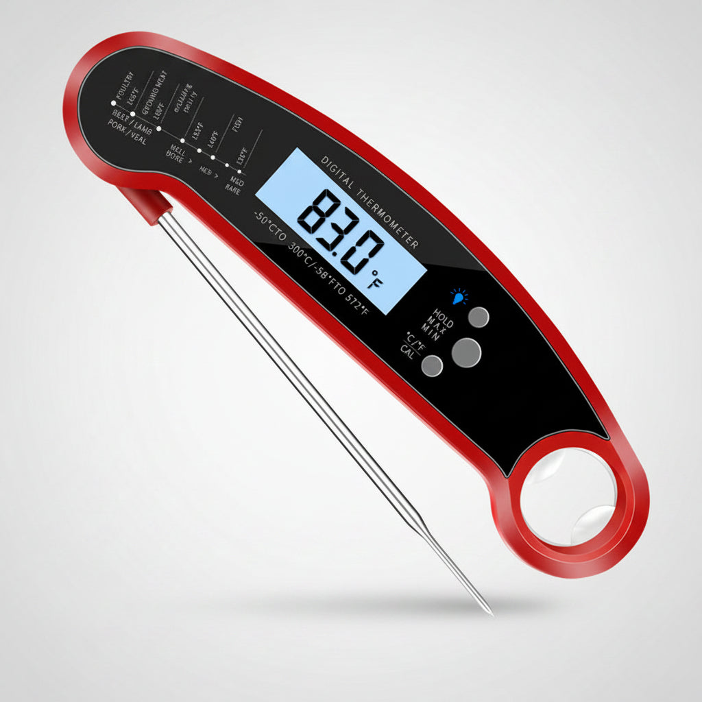 Red digital thermometer with a temperature display on a white background