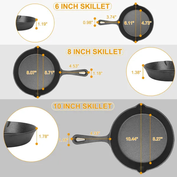 Comparison chart of 6-inch, 8-inch, and 10-inch skillets with measurements.