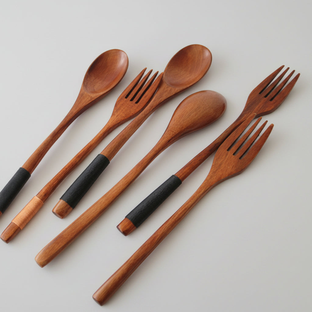 Set of wooden spoons and forks with black handles on a white background
