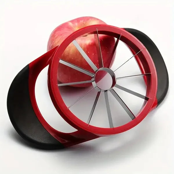 Apple peeler with a red handle and black base on a white background