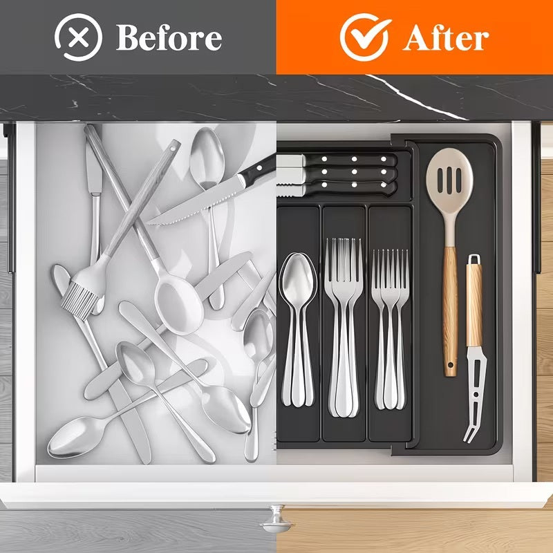 Before and after comparison of a kitchen drawer with organized utensils.