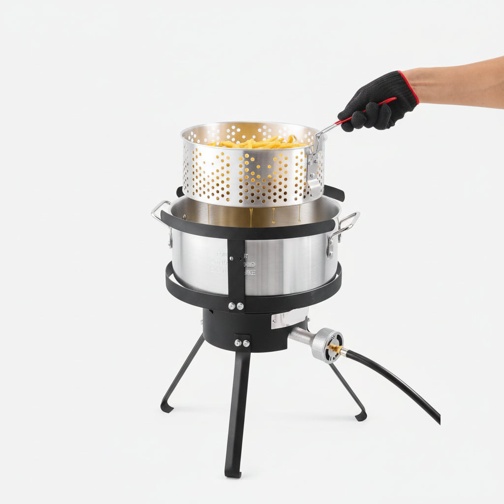 Person using a food-grade fryer to cook fries outdoors with text 'Easy Cooking, Safe Eating'.