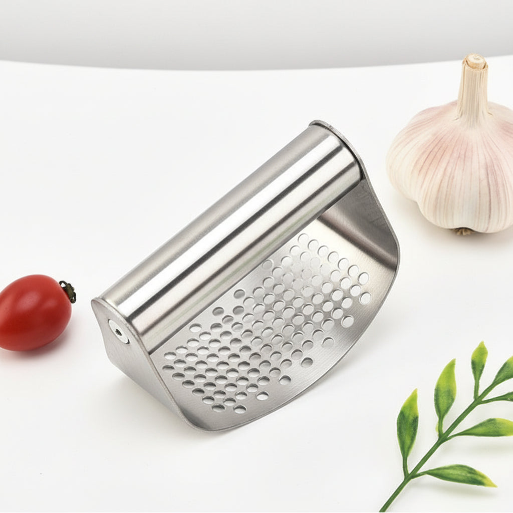 Metal garlic press on a white surface with vegetables in the background