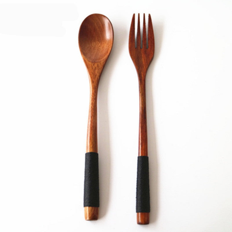 Wooden spoon and fork set with black handles on a white background, labeled '8PC'.