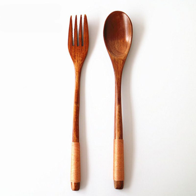 Wooden fork and spoon set on a white background with '8PC' text.