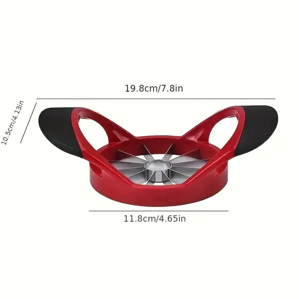 Red apple peeler with dimensions labeled on a white background