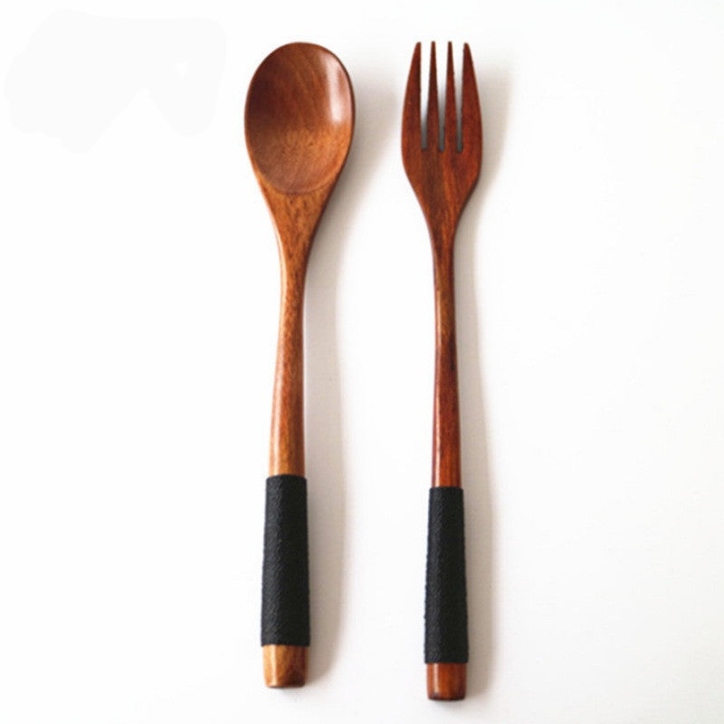 Wooden spoon and fork set with black handles on a white background, labeled '4PC'.