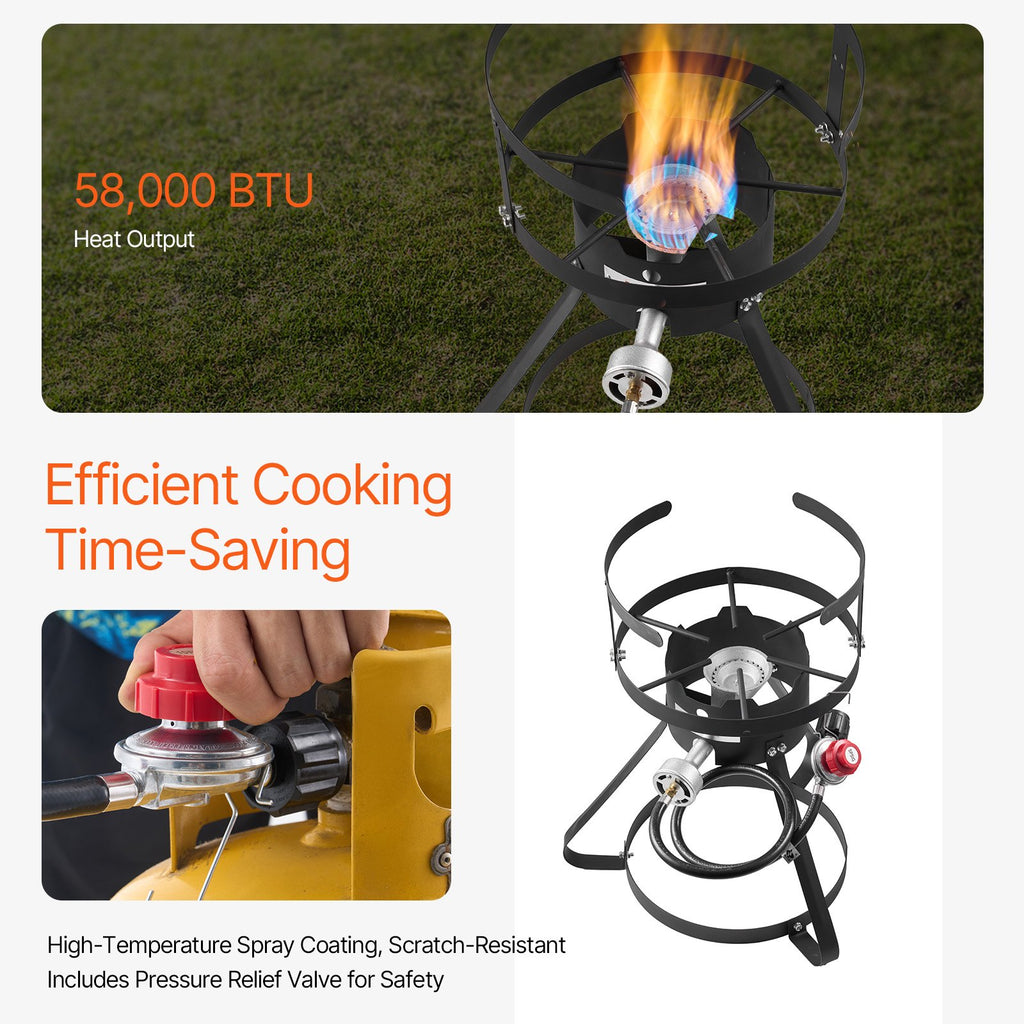 Portable stove with high heat output and safety features on a green grass background
