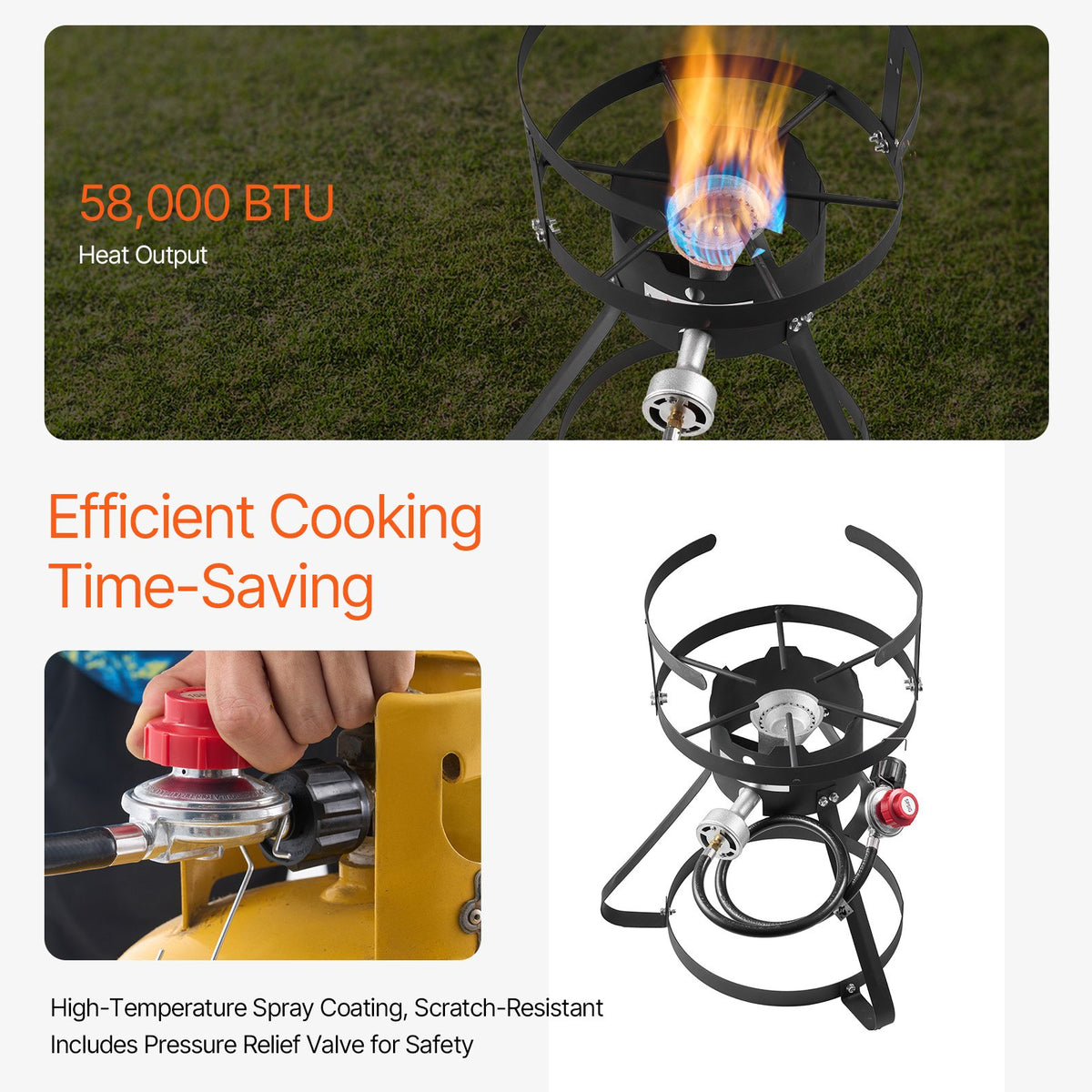 Portable stove with high heat output and safety features on a green grass background