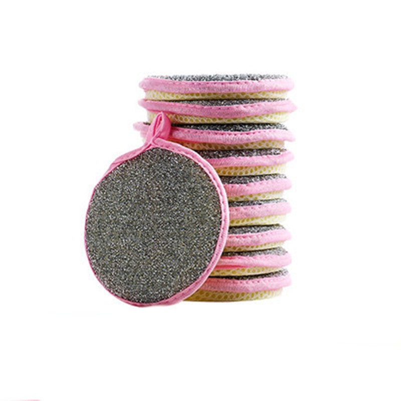 Stack of pink hair ties with a gray scrunchie on a white background