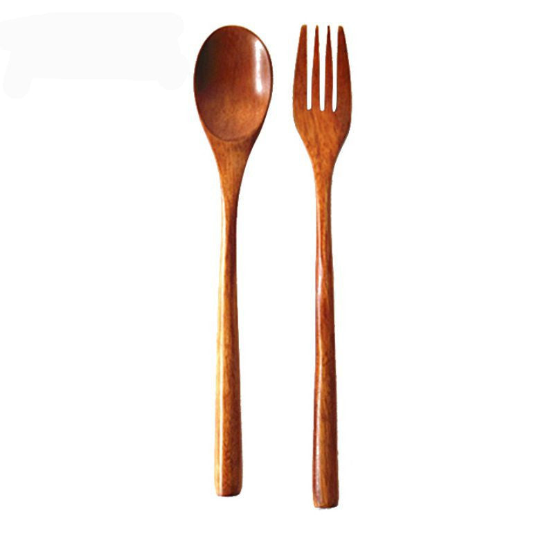 Wooden spoon and fork set with '10PC' text on a white background